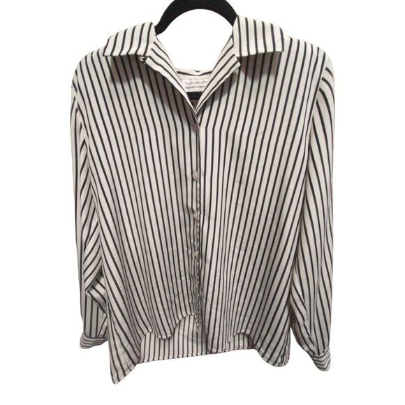Vintage Leslie Fay Haberdashery Black Striped Button-Down Blouse Size 12 1980s - Picture 1 of 9